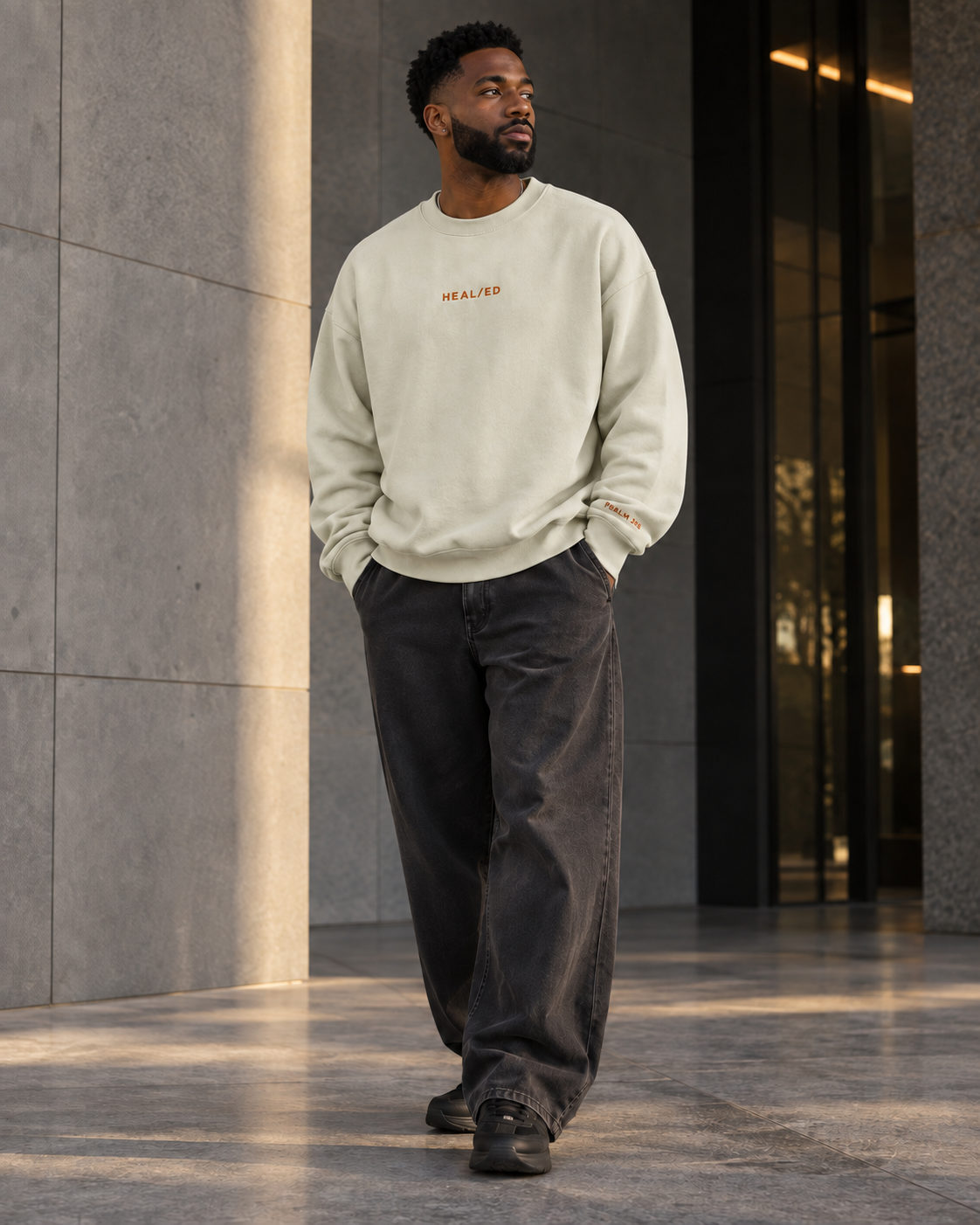 The Vision Crew worn at true size, male model, front view